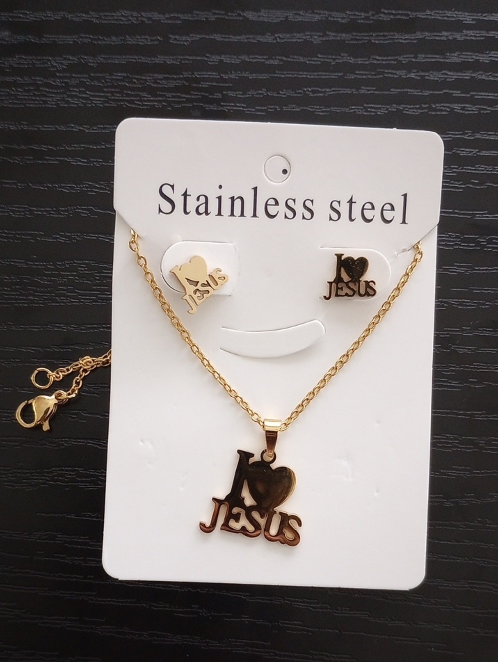 Golden 'I ♥ Jesus' Necklace And Stud Earrings Set I Love Jesus Jewelry